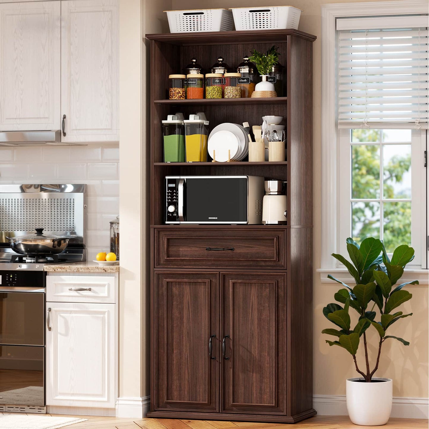 80'' Tall Bookcase with Drawer and Cabinet, Floor Standing Bookcase with 3-Tier Shelves