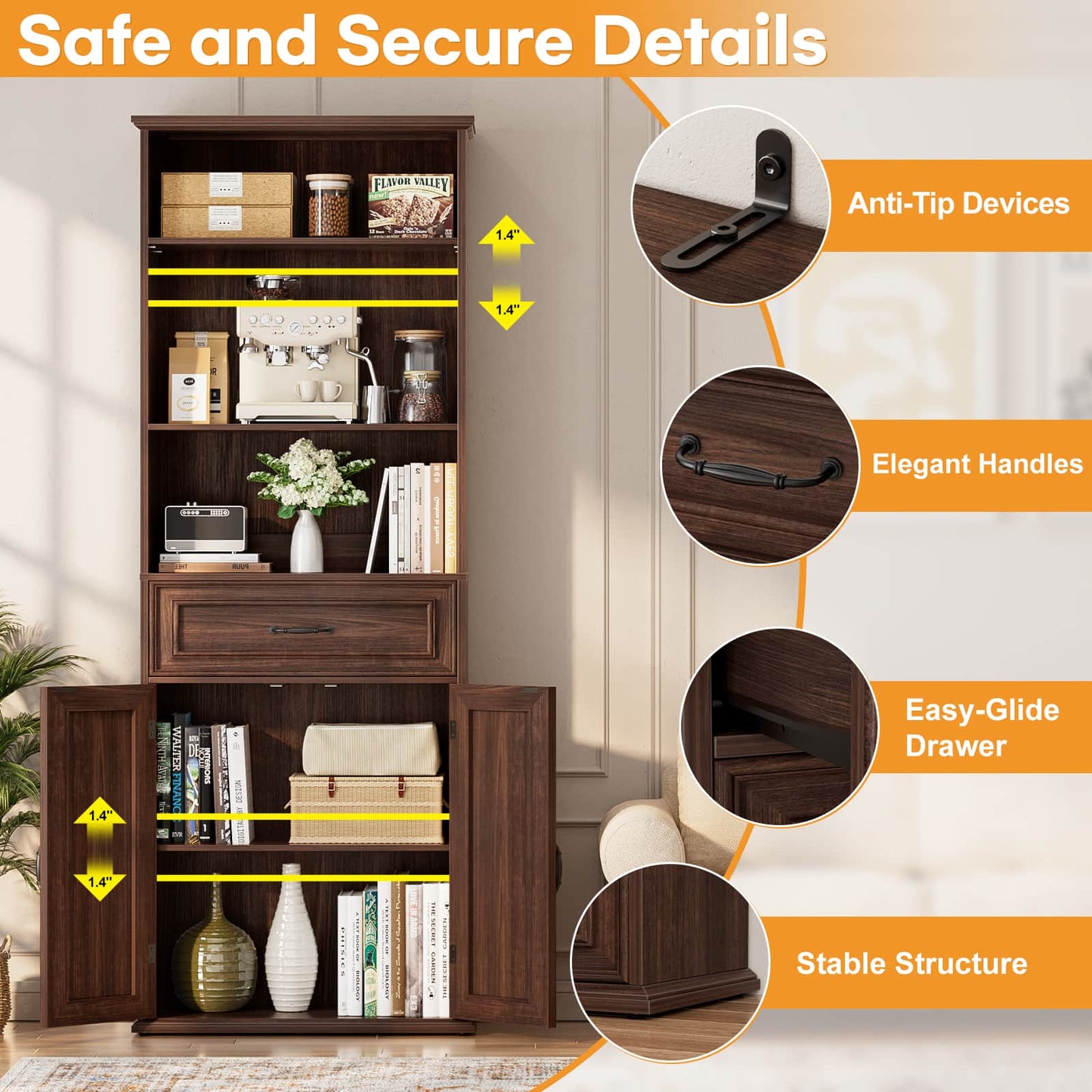 80'' Tall Bookcase with Drawer and Cabinet, Floor Standing Bookcase with 3-Tier Shelves