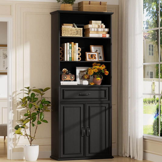 80'' Tall Bookcase with Drawer and Cabinet, Floor Standing Bookcase with 3-Tier Shelves