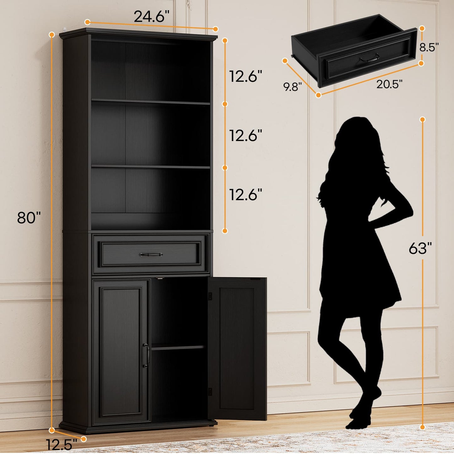 80'' Tall Bookcase with Drawer and Cabinet, Floor Standing Bookcase with 3-Tier Shelves