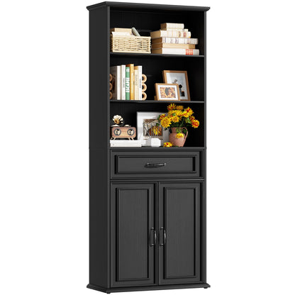 80'' Tall Bookcase with Drawer and Cabinet, Floor Standing Bookcase with 3-Tier Shelves