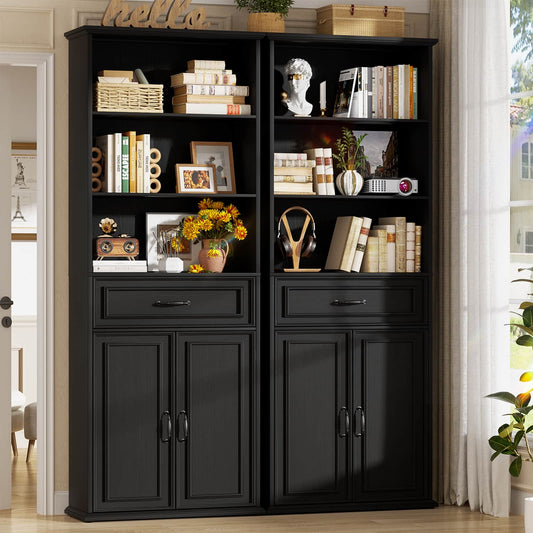80'' Tall Bookcase 2-Piece Set, Floor Stand Bookcase with Drawer, Cabinet, and 3-Tier Shelves