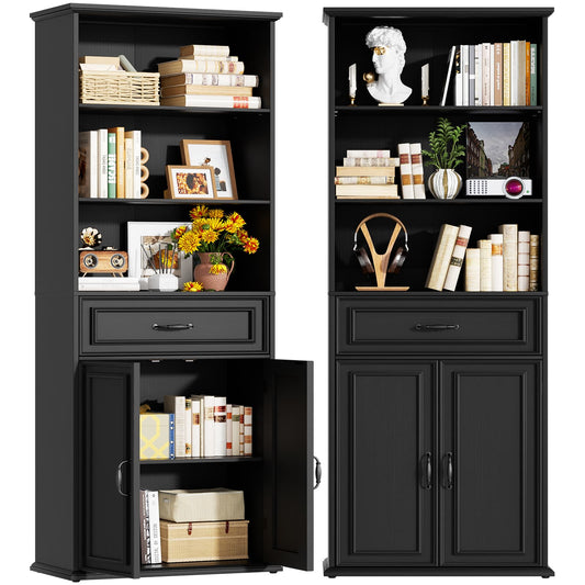80'' Tall Bookcase 2-Piece Set, Floor Stand Bookcase with Drawer, Cabinet, and 3-Tier Shelves