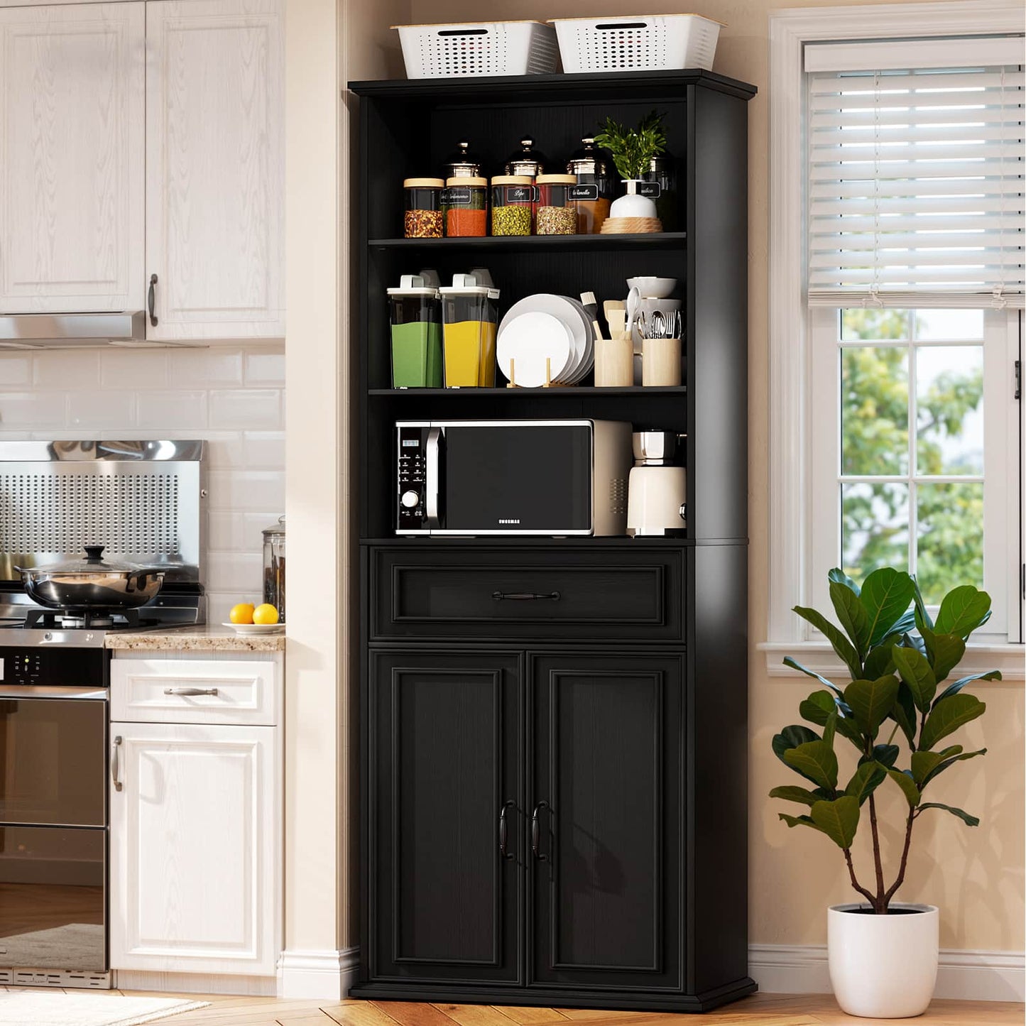 80'' Tall Bookcase with Drawer and Cabinet, Floor Standing Bookcase with 3-Tier Shelves