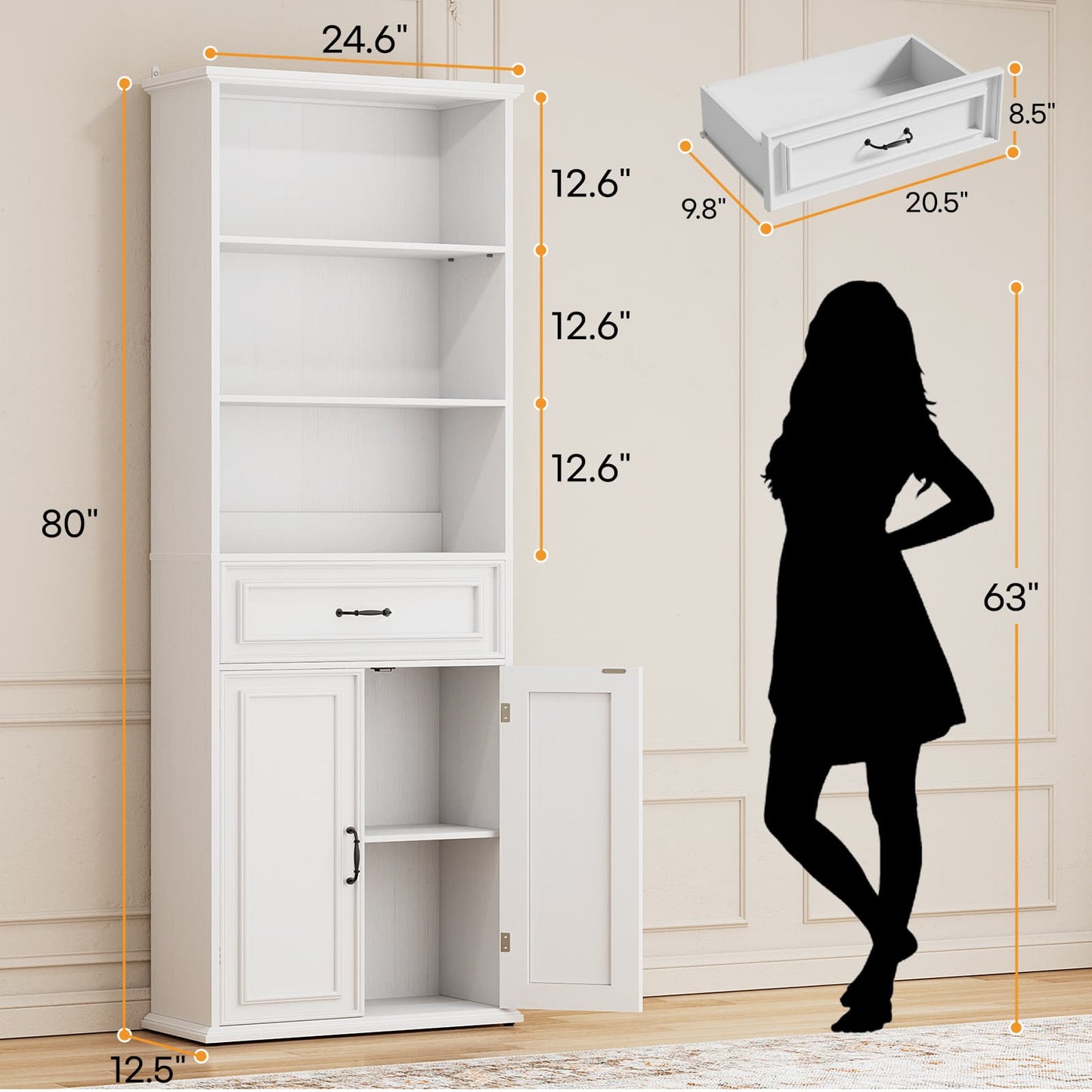 80'' Tall Bookcase with Drawer and Cabinet, Floor Standing Bookcase with 3-Tier Shelves