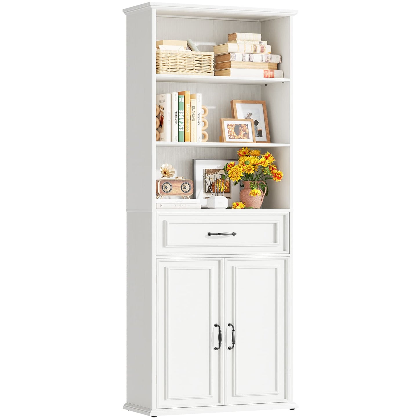 80'' Tall Bookcase with Drawer and Cabinet, Floor Standing Bookcase with 3-Tier Shelves