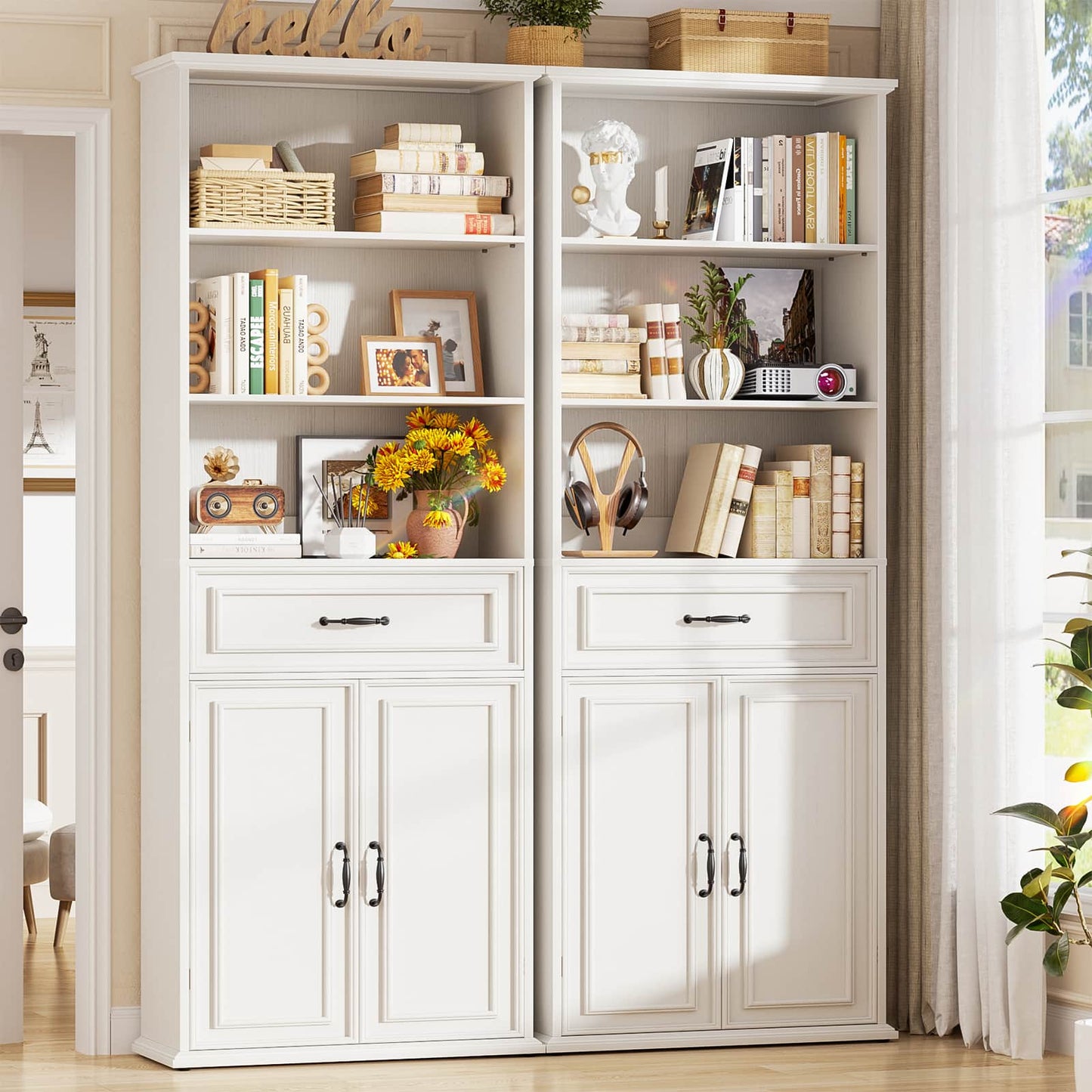 80'' Tall Bookcase 2-Piece Set, Floor Stand Bookcase with Drawer, Cabinet, and 3-Tier Shelves