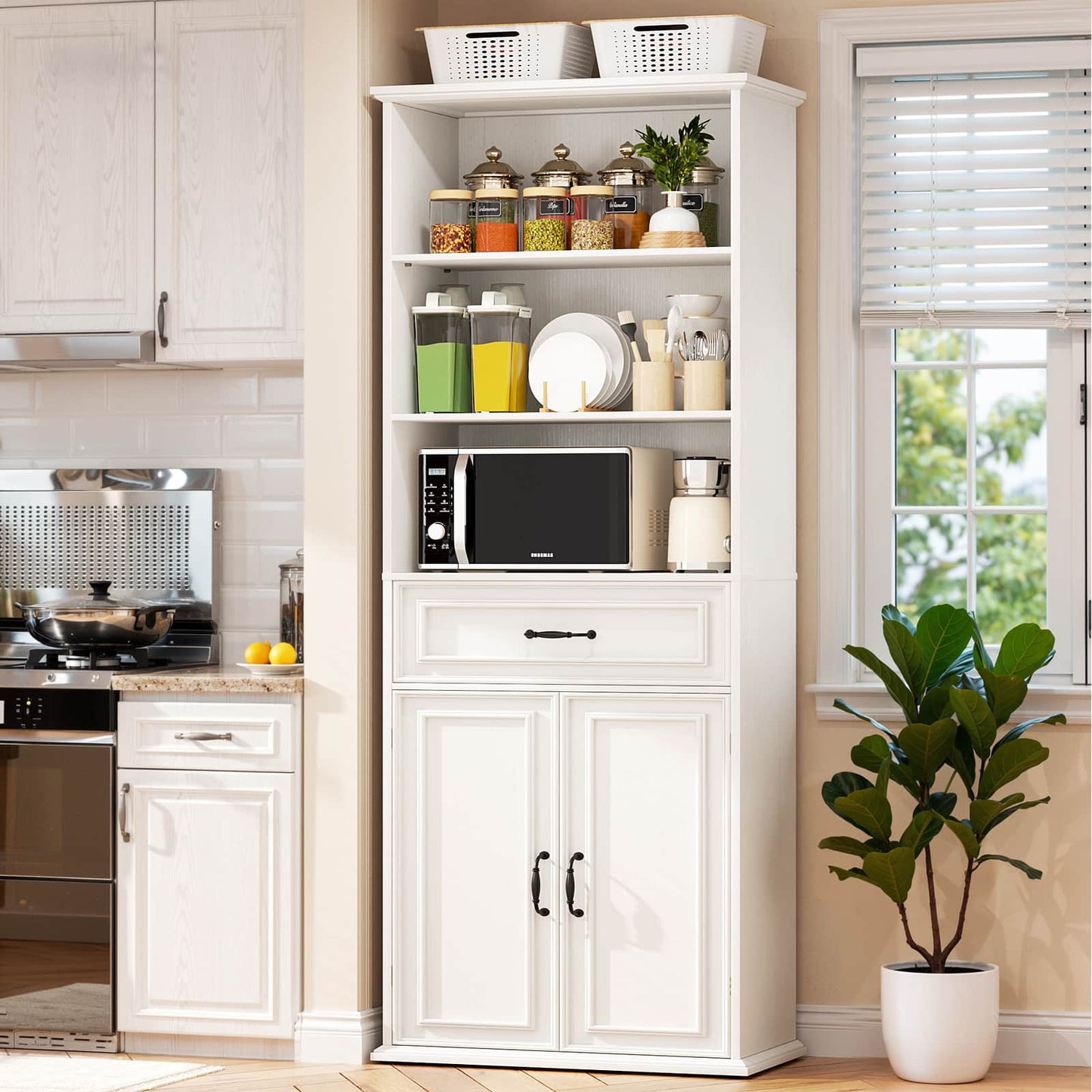 80'' Tall Bookcase with Drawer and Cabinet, Floor Standing Bookcase with 3-Tier Shelves