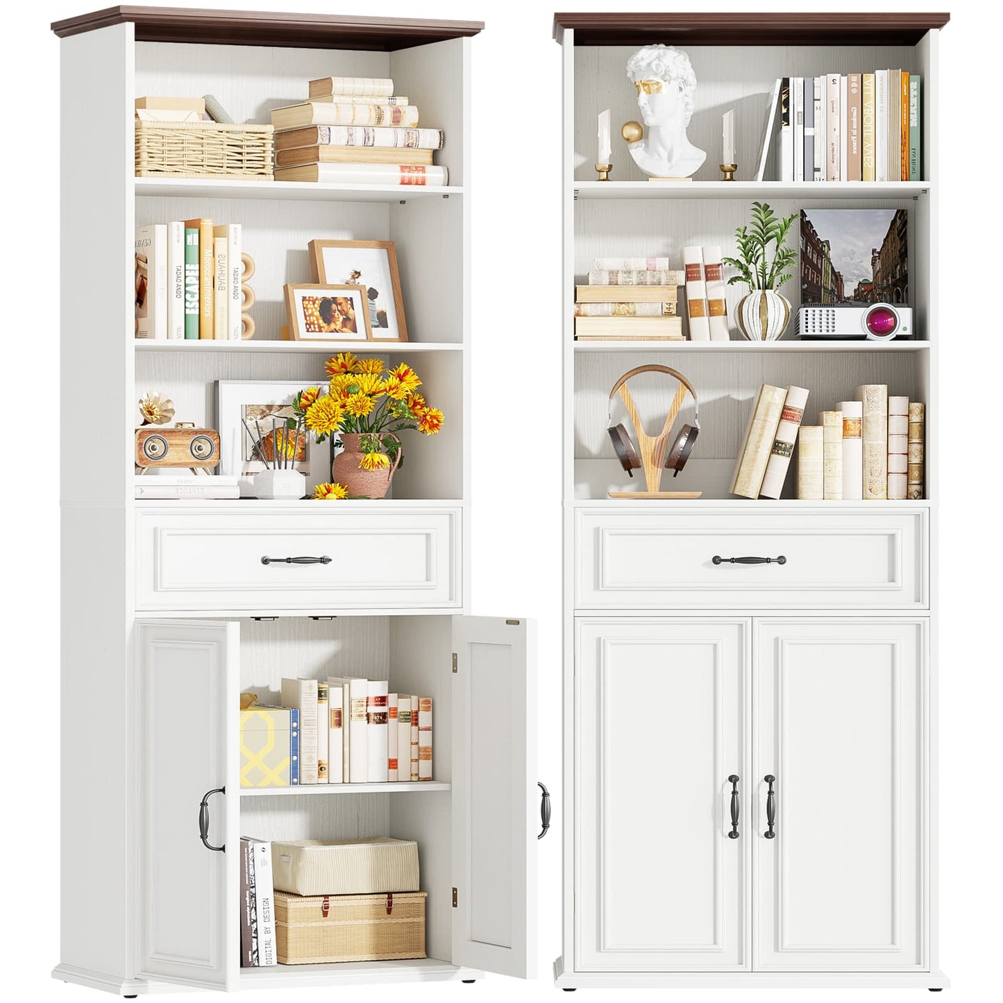 80'' Tall Bookcase 2-Piece Set, Floor Stand Bookcase with Drawer, Cabinet, and 3-Tier Shelves