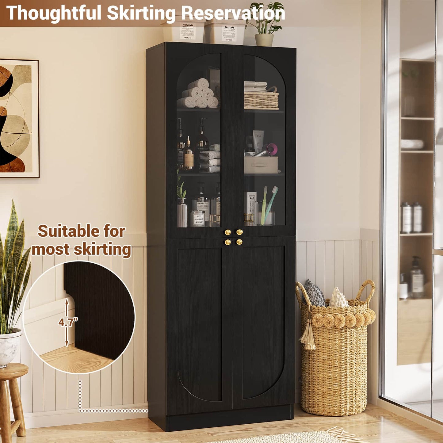 80'' Tall Pantry Storage Cabinet with Glass Doors and Adjustable Shelves, 6-Tier