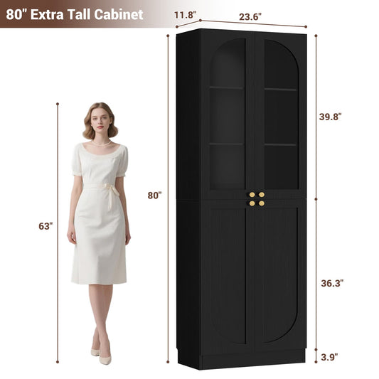 80'' Tall Pantry Storage Cabinet with Glass Doors and Adjustable Shelves, 6-Tier