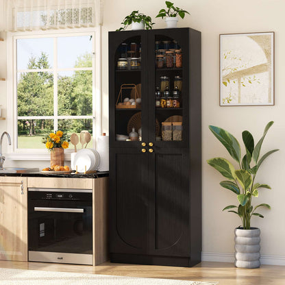 80'' Tall Pantry Storage Cabinet with Glass Doors and Adjustable Shelves, 6-Tier