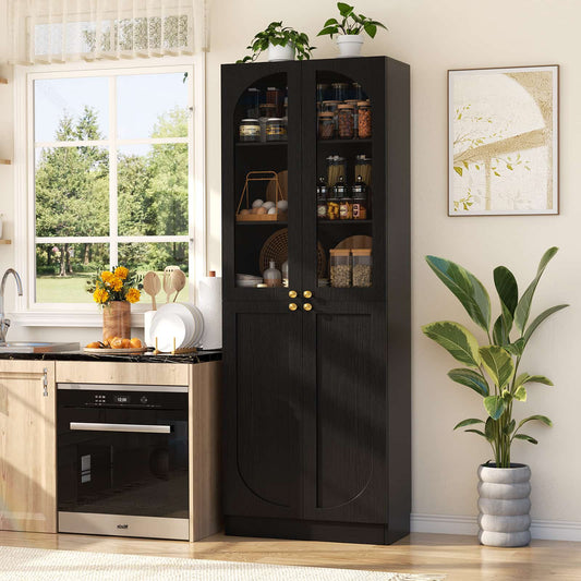 80'' Tall Pantry Storage Cabinet with Glass Doors and Adjustable Shelves, 6-Tier