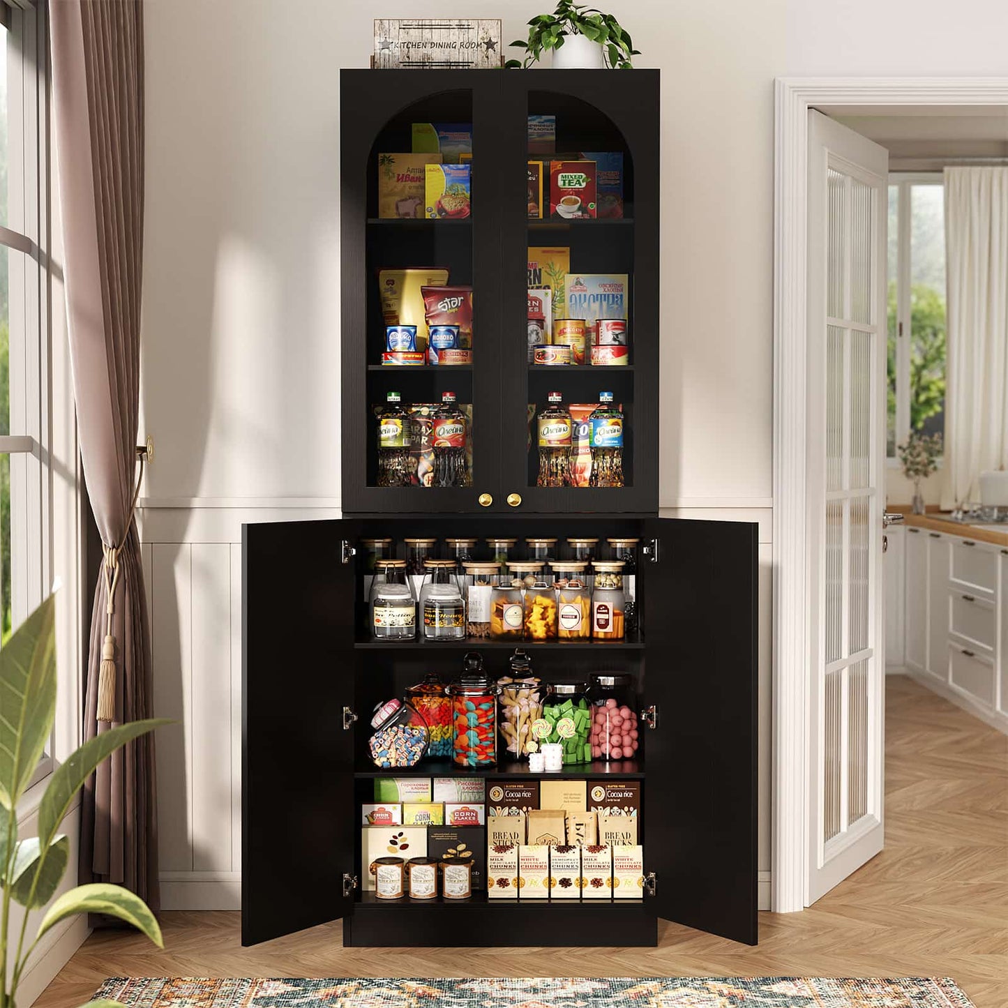 80'' Tall Pantry Cabinet Set of 2 with Glass Doors and Adjustable Shelves, 47.2'' Width