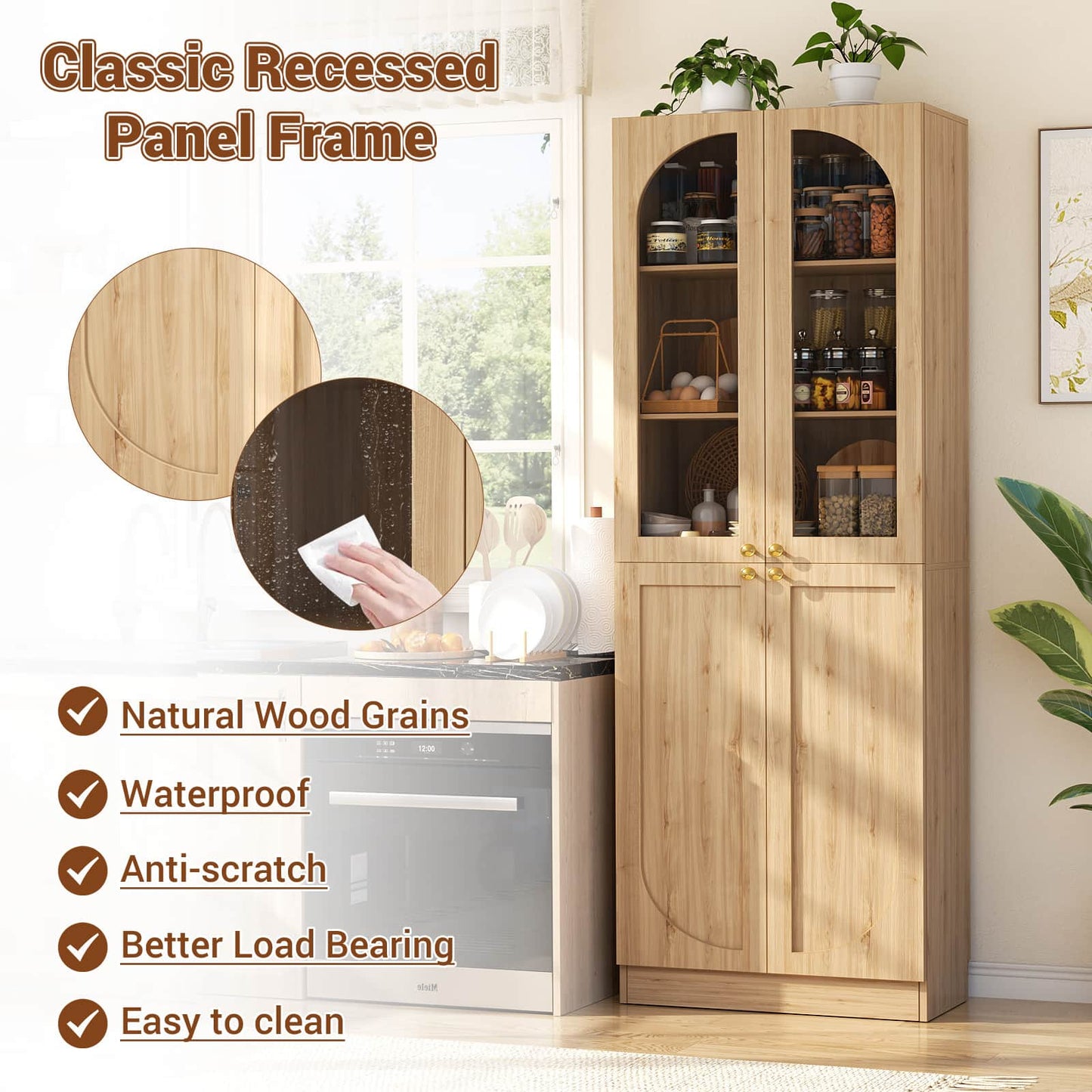 80'' Tall Pantry Storage Cabinet with Glass Doors and Adjustable Shelves, 6-Tier