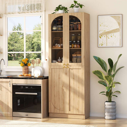 80'' Tall Pantry Storage Cabinet with Glass Doors and Adjustable Shelves, 6-Tier