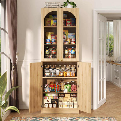 80'' Tall Pantry Storage Cabinet with Glass Doors and Adjustable Shelves, 6-Tier