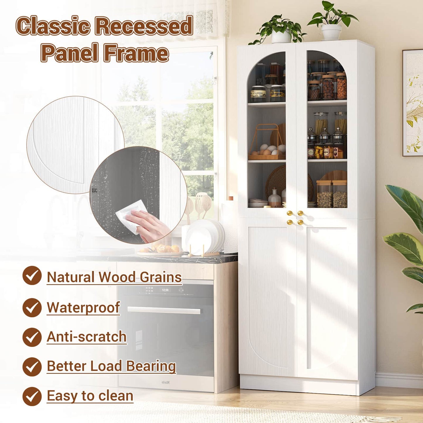 80'' Tall Pantry Storage Cabinet with Glass Doors and Adjustable Shelves, 6-Tier
