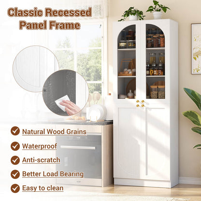 80'' Tall Pantry Storage Cabinet with Glass Doors and Adjustable Shelves, 6-Tier