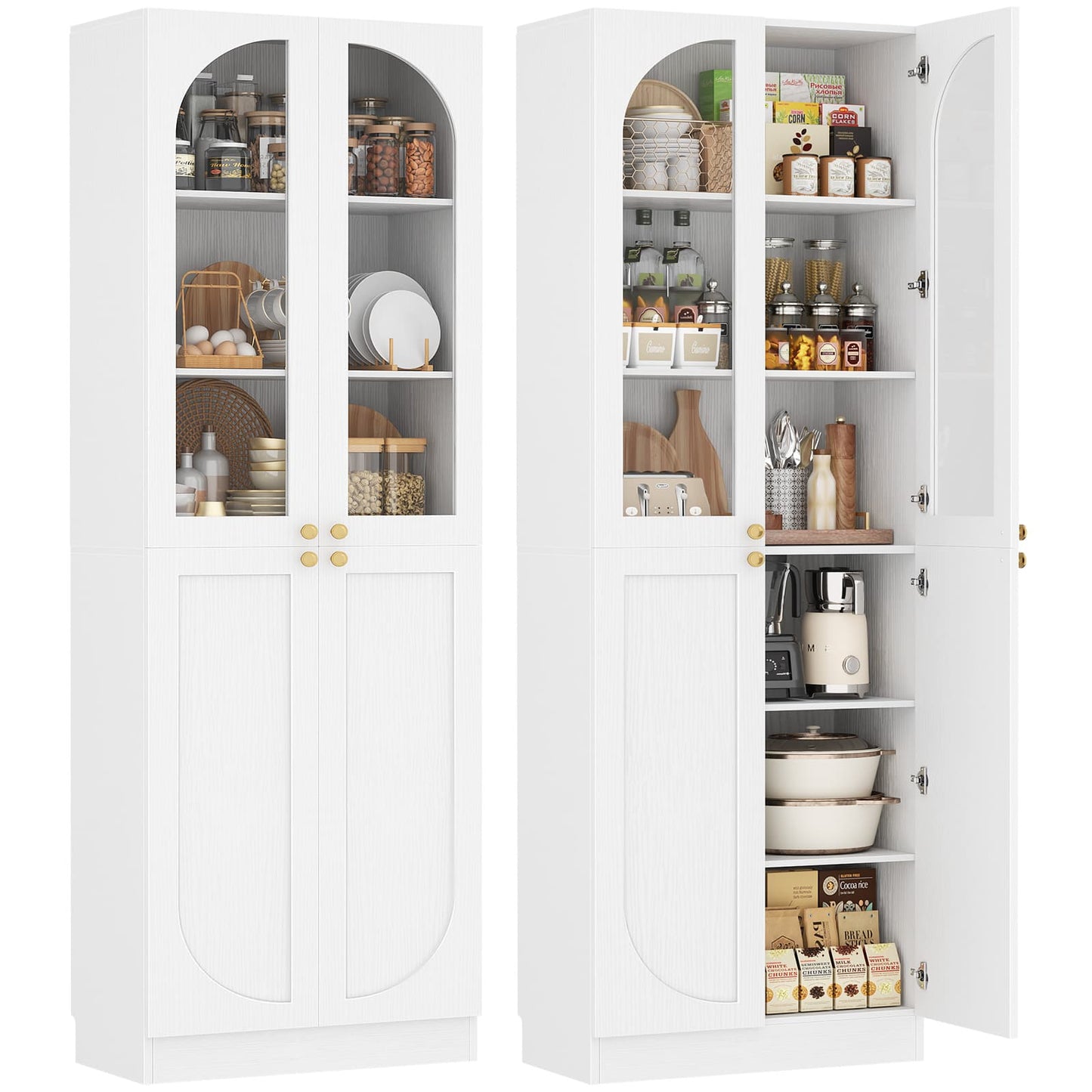 80'' Tall Pantry Cabinet Set of 2 with Glass Doors and Adjustable Shelves, 47.2'' Width