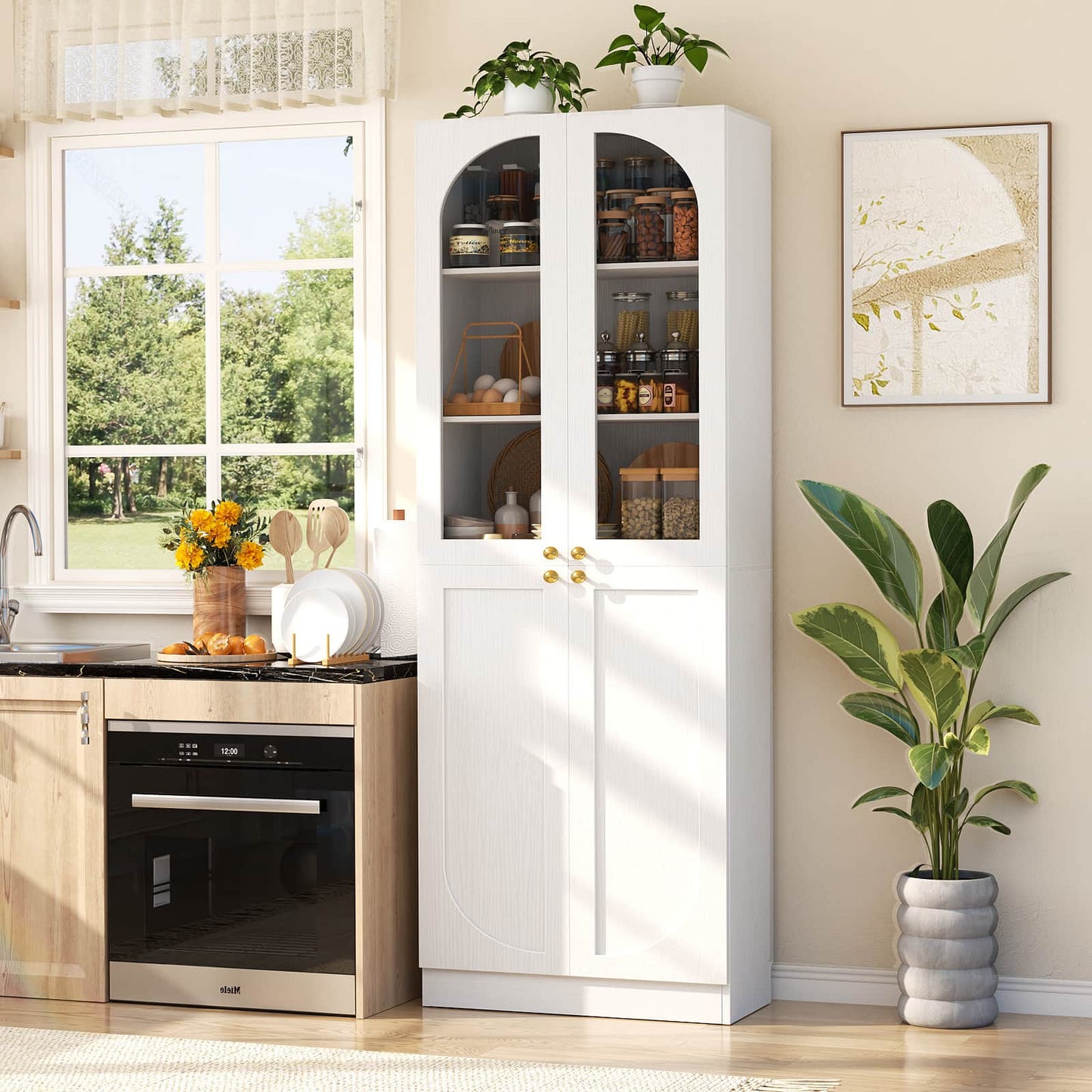 80'' Tall Pantry Storage Cabinet with Glass Doors and Adjustable Shelves, 6-Tier