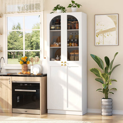 80'' Tall Pantry Storage Cabinet with Glass Doors and Adjustable Shelves, 6-Tier