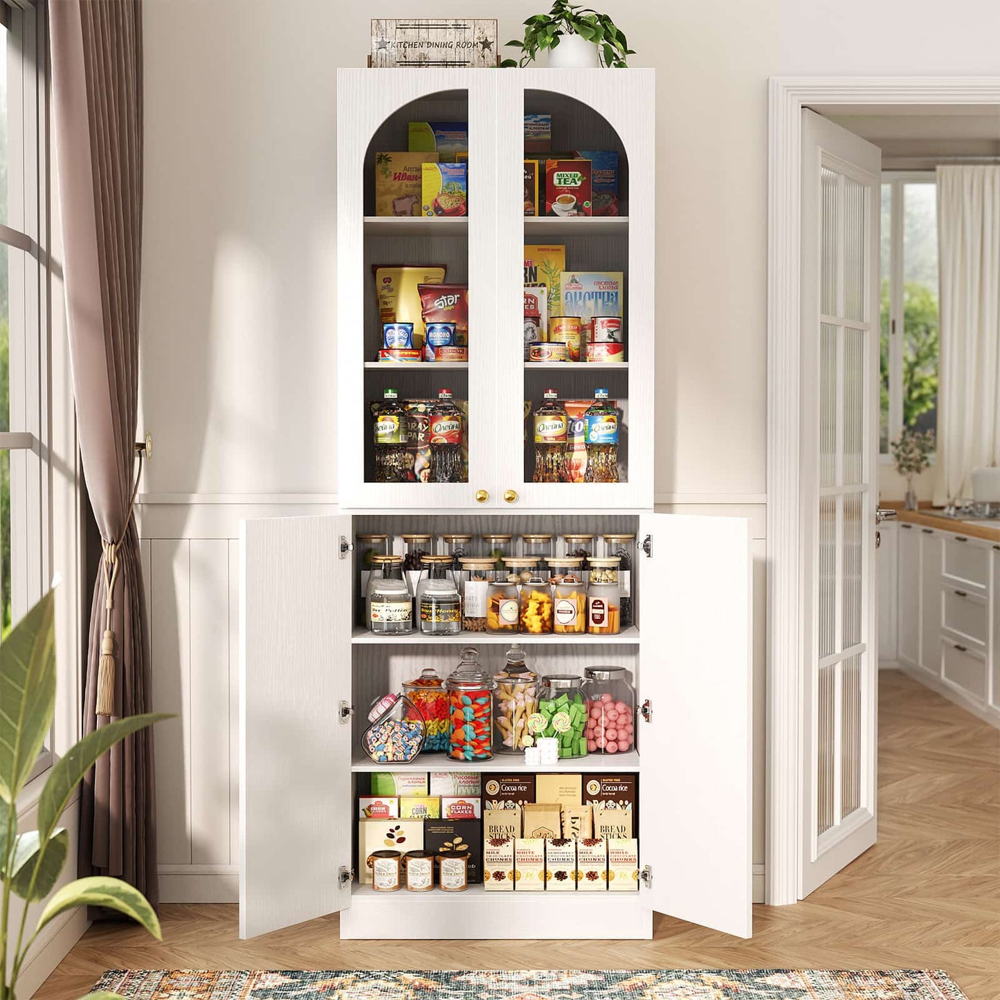 80'' Tall Pantry Storage Cabinet with Glass Doors and Adjustable Shelves, 6-Tier