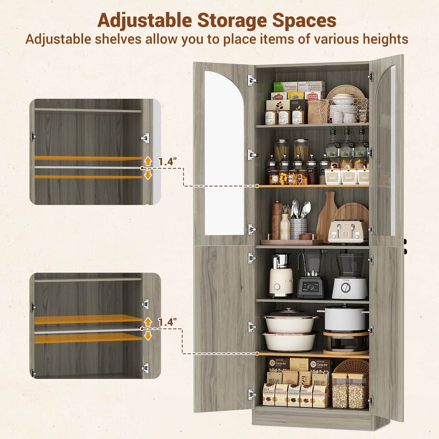 80'' Tall Pantry Storage Cabinet with Glass Doors and Adjustable Shelves, 6-Tier