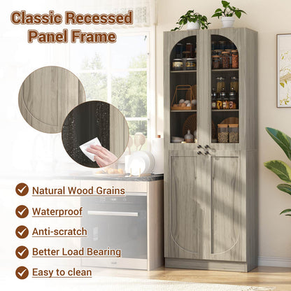 80'' Tall Pantry Storage Cabinet with Glass Doors and Adjustable Shelves, 6-Tier