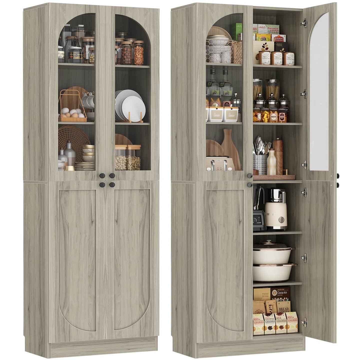 80'' Tall Pantry Cabinet Set of 2 with Glass Doors and Adjustable Shelves, 47.2'' Width