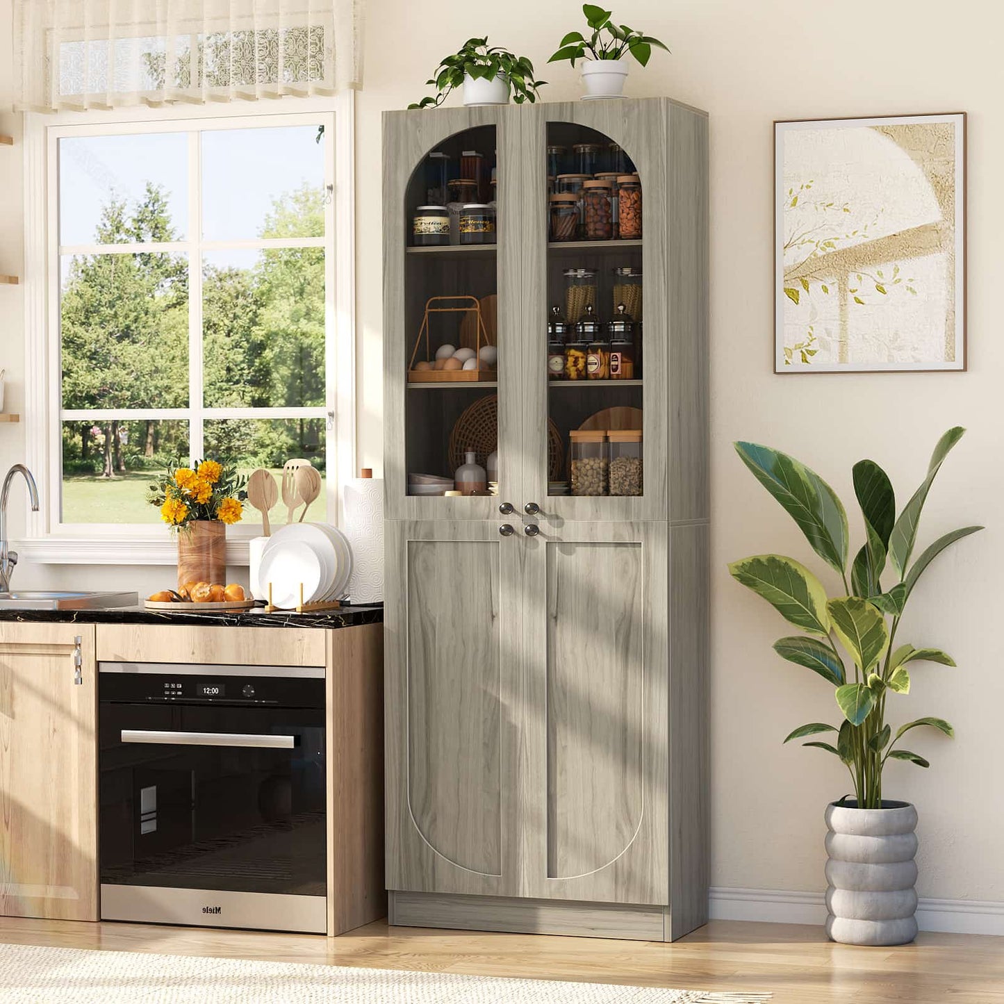 80'' Tall Pantry Storage Cabinet with Glass Doors and Adjustable Shelves, 6-Tier