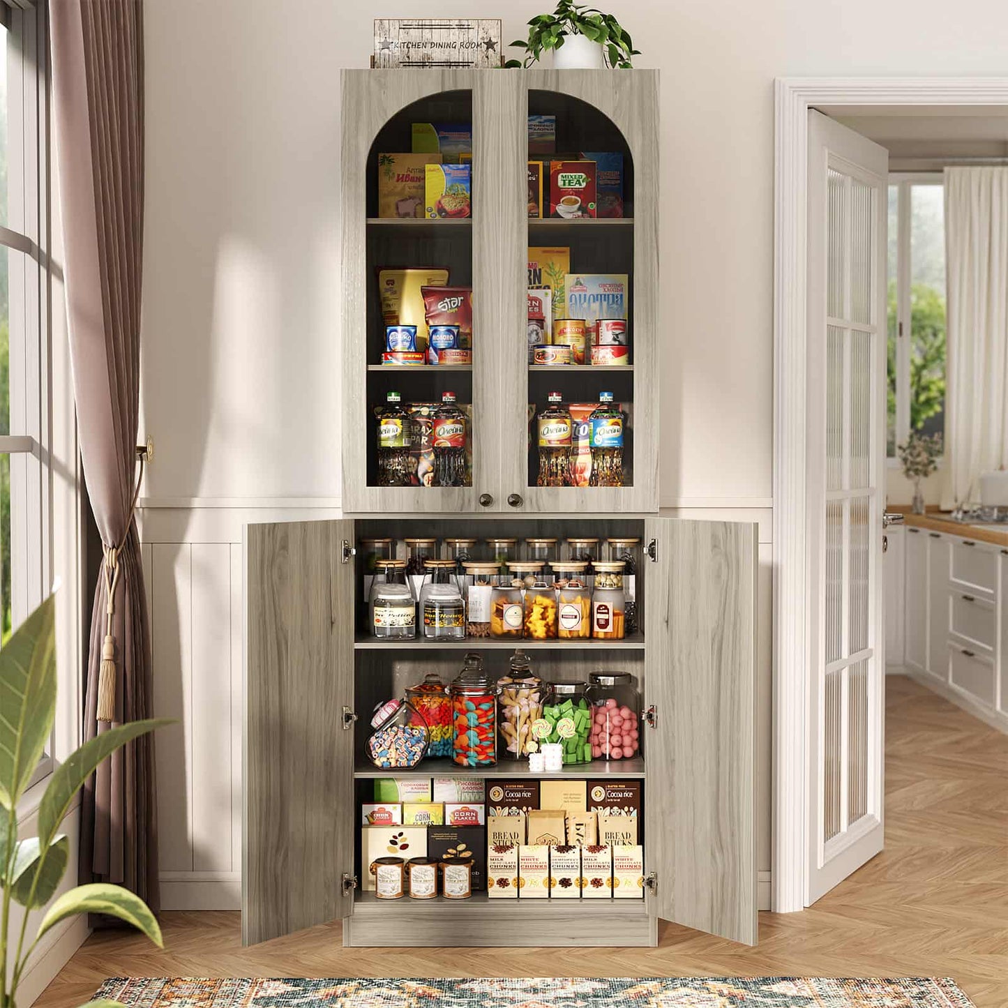 80'' Tall Pantry Storage Cabinet with Glass Doors and Adjustable Shelves, 6-Tier