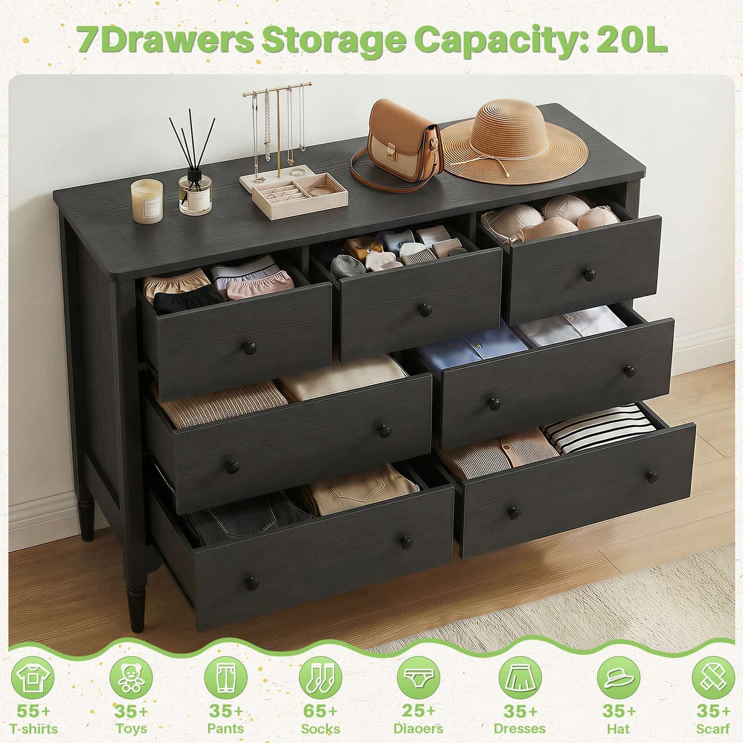 7 Drawer Dresser, Modern Wooden Chest of Drawers for Closet, Bedroom