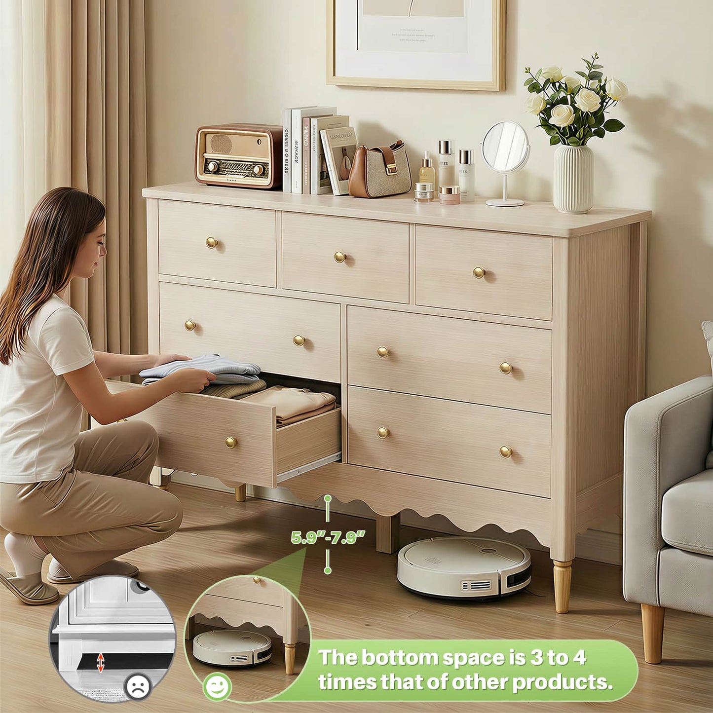 7 Drawer Dresser, Modern Wooden Chest of Drawers for Closet, Bedroom