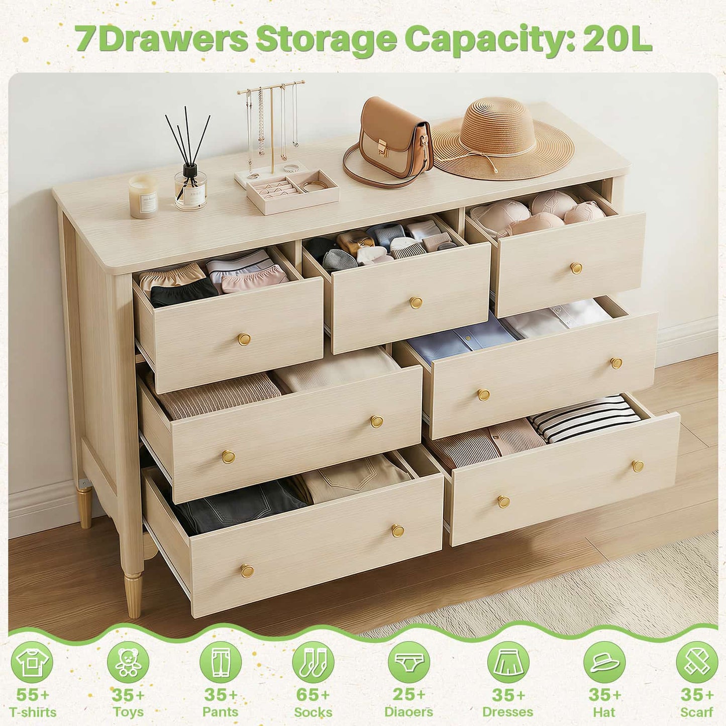 7 Drawer Dresser, Modern Wooden Chest of Drawers for Closet, Bedroom