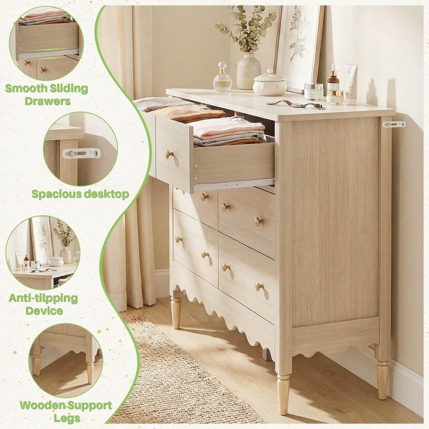 7 Drawer Dresser, Modern Wooden Chest of Drawers for Closet, Bedroom