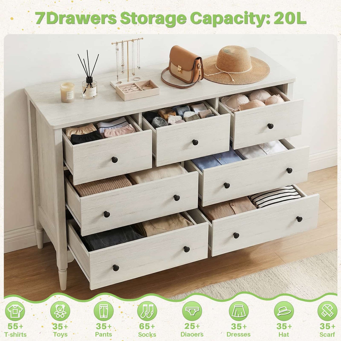 7 Drawer Dresser, Modern Wooden Chest of Drawers for Closet, Bedroom