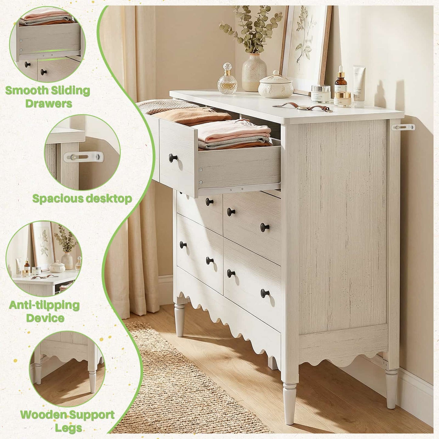 7 Drawer Dresser, Modern Wooden Chest of Drawers for Closet, Bedroom