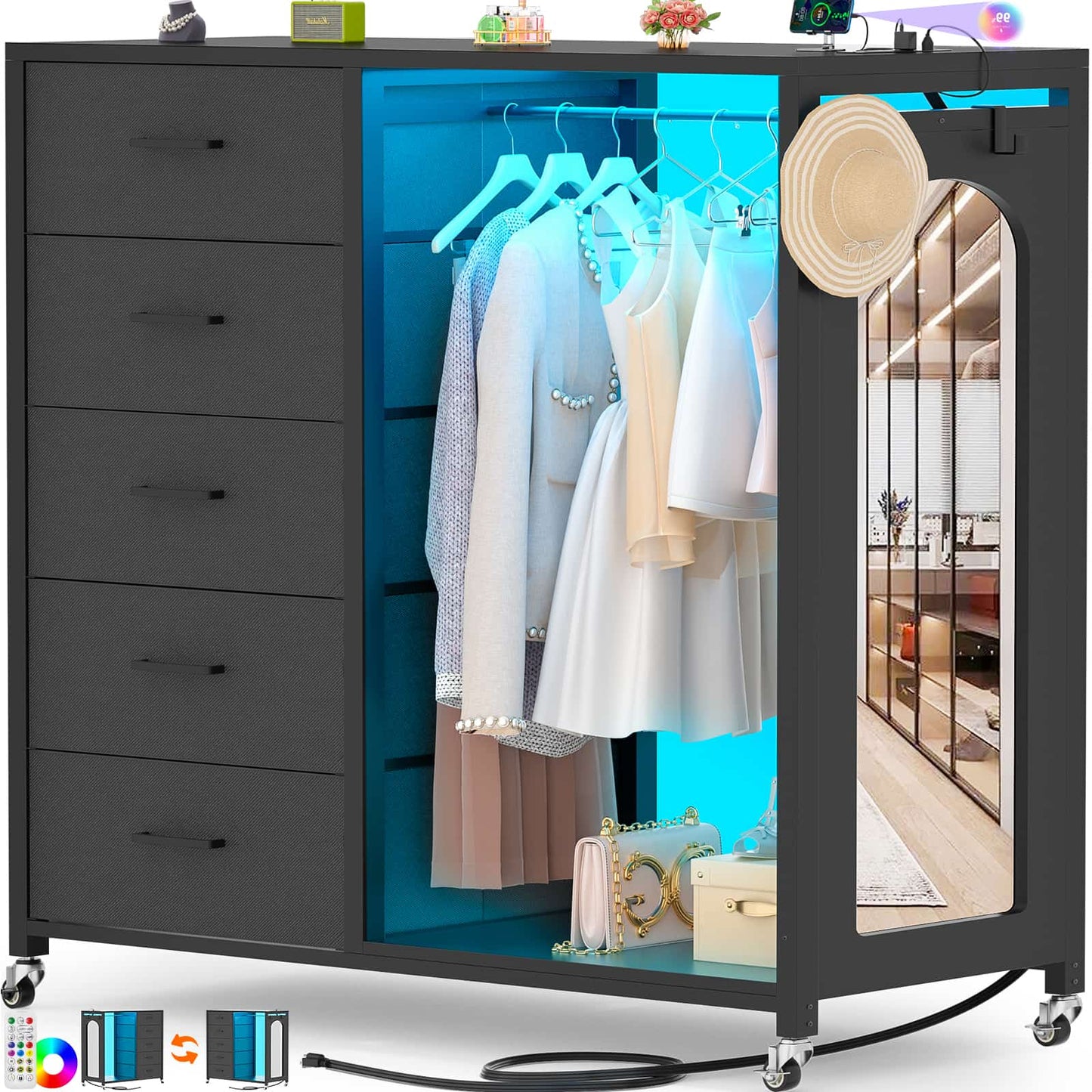 5-Drawer Dresser for Bedroom with Charging Station & Mirror