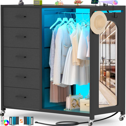 5-Drawer Dresser for Bedroom with Charging Station & Mirror