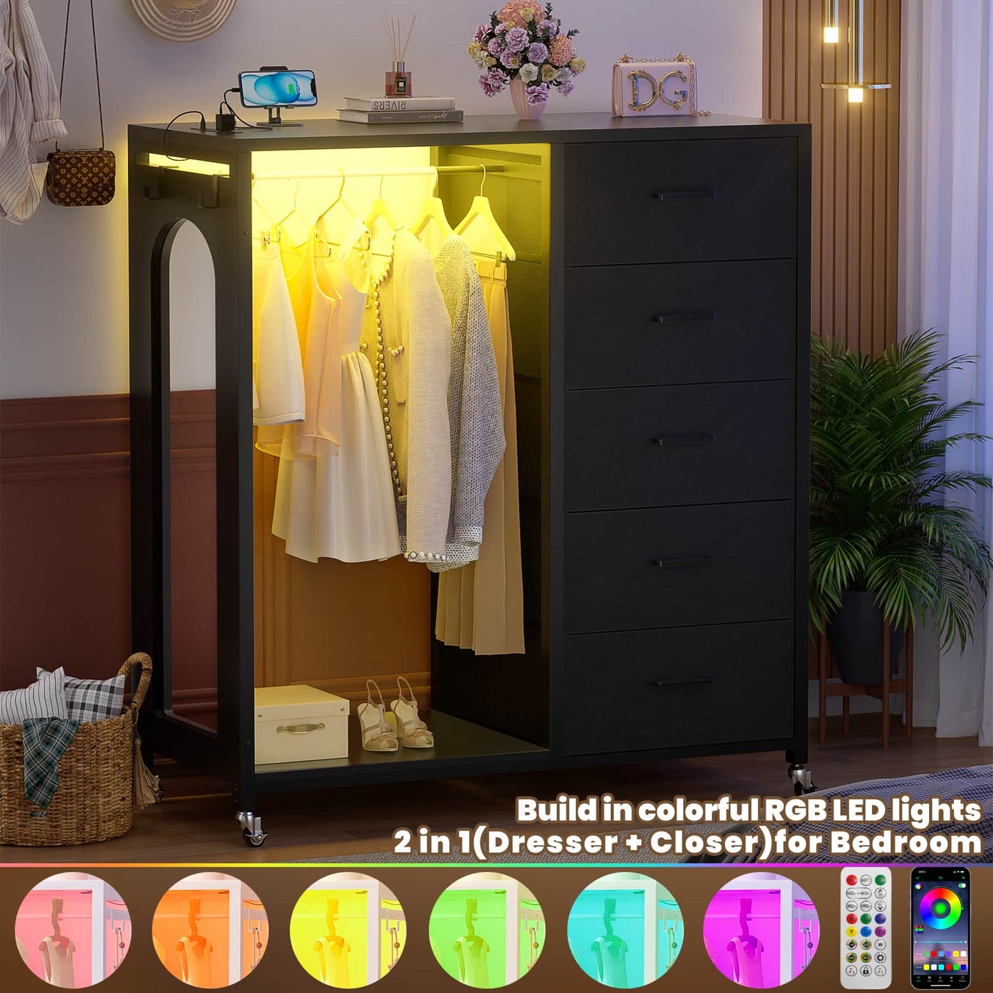 5-Drawer Dresser for Bedroom with Charging Station & Mirror