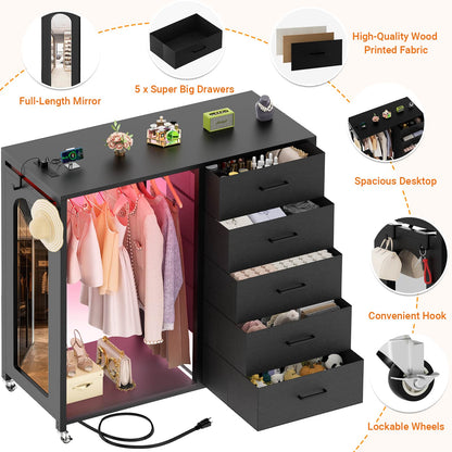 5-Drawer Dresser for Bedroom with Charging Station & Mirror