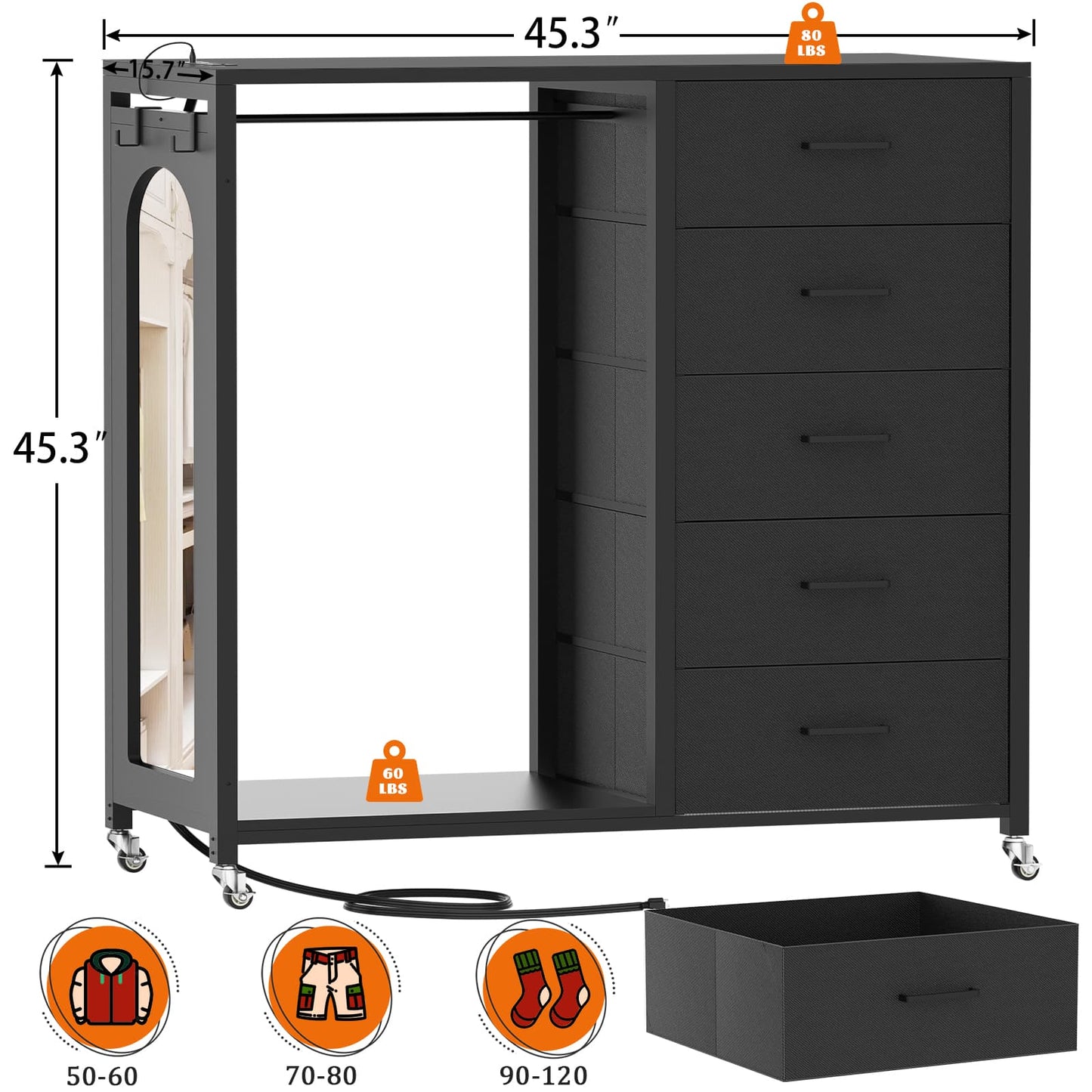 5-Drawer Dresser for Bedroom with Charging Station & Mirror