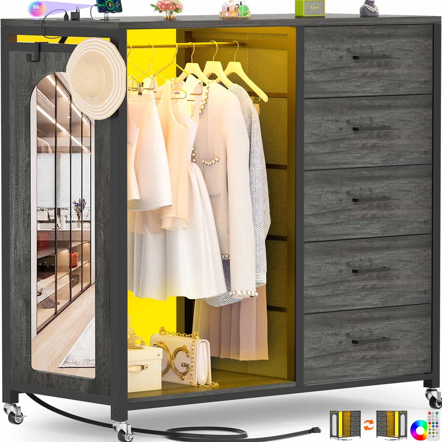 5-Drawer Dresser for Bedroom with Charging Station & Mirror