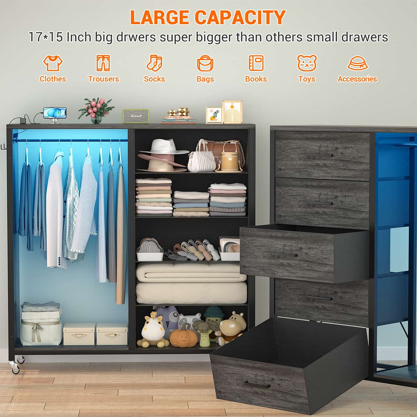 5-Drawer Dresser for Bedroom with Charging Station & Mirror
