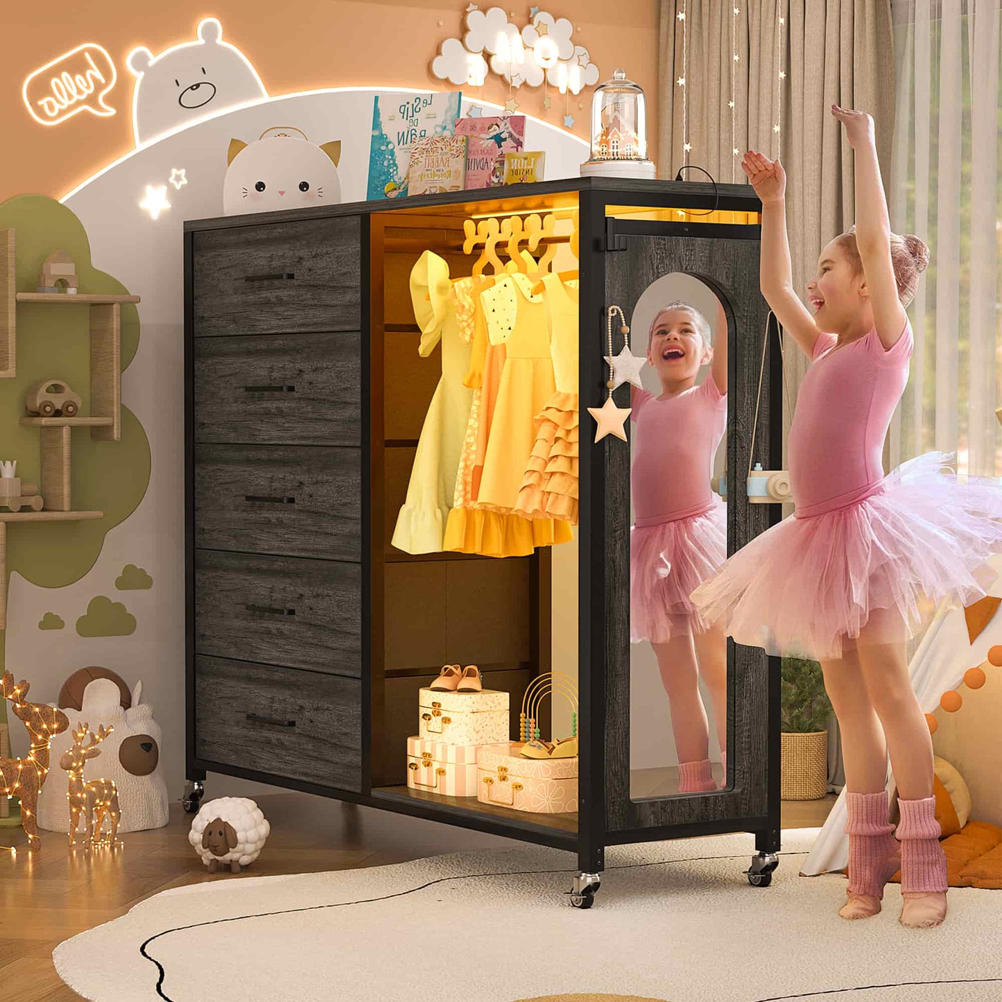 5-Drawer Dresser for Bedroom with Charging Station & Mirror