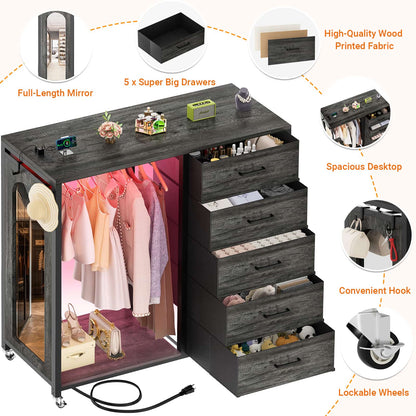 5-Drawer Dresser for Bedroom with Charging Station & Mirror