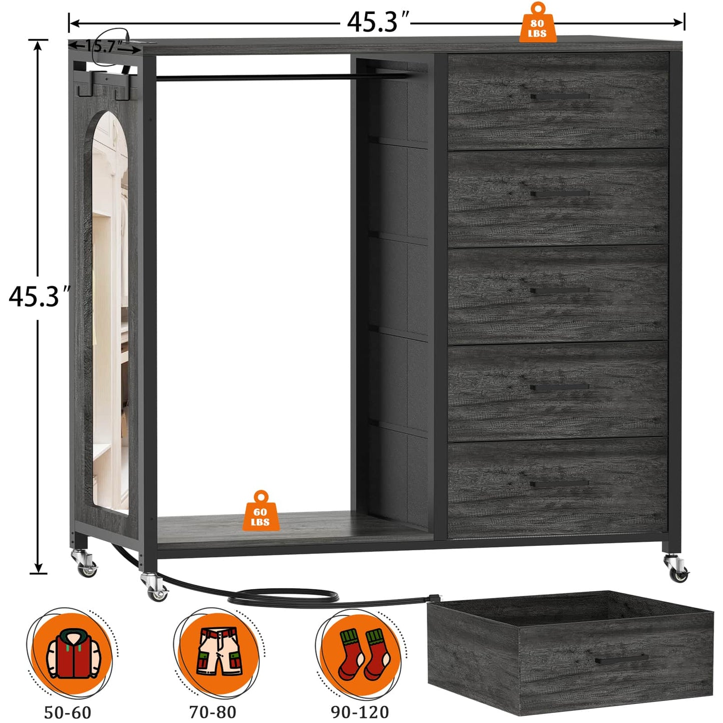 5-Drawer Dresser for Bedroom with Charging Station & Mirror