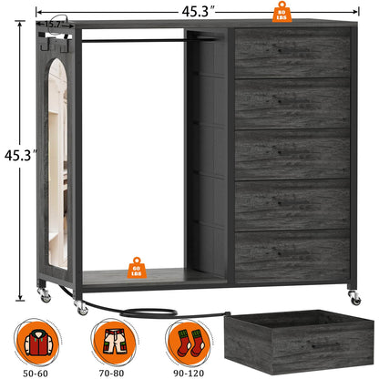 5-Drawer Dresser for Bedroom with Charging Station & Mirror