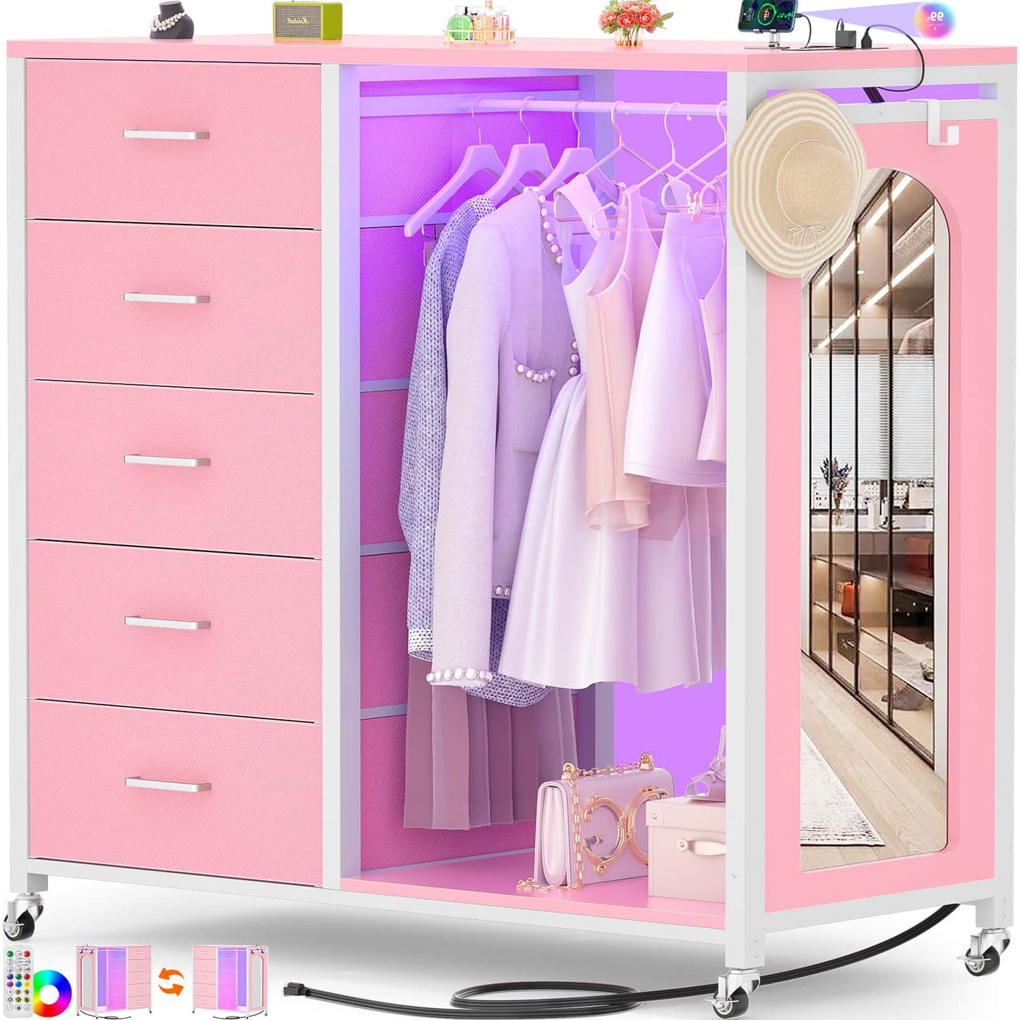 5-Drawer Dresser for Bedroom with Charging Station & Mirror